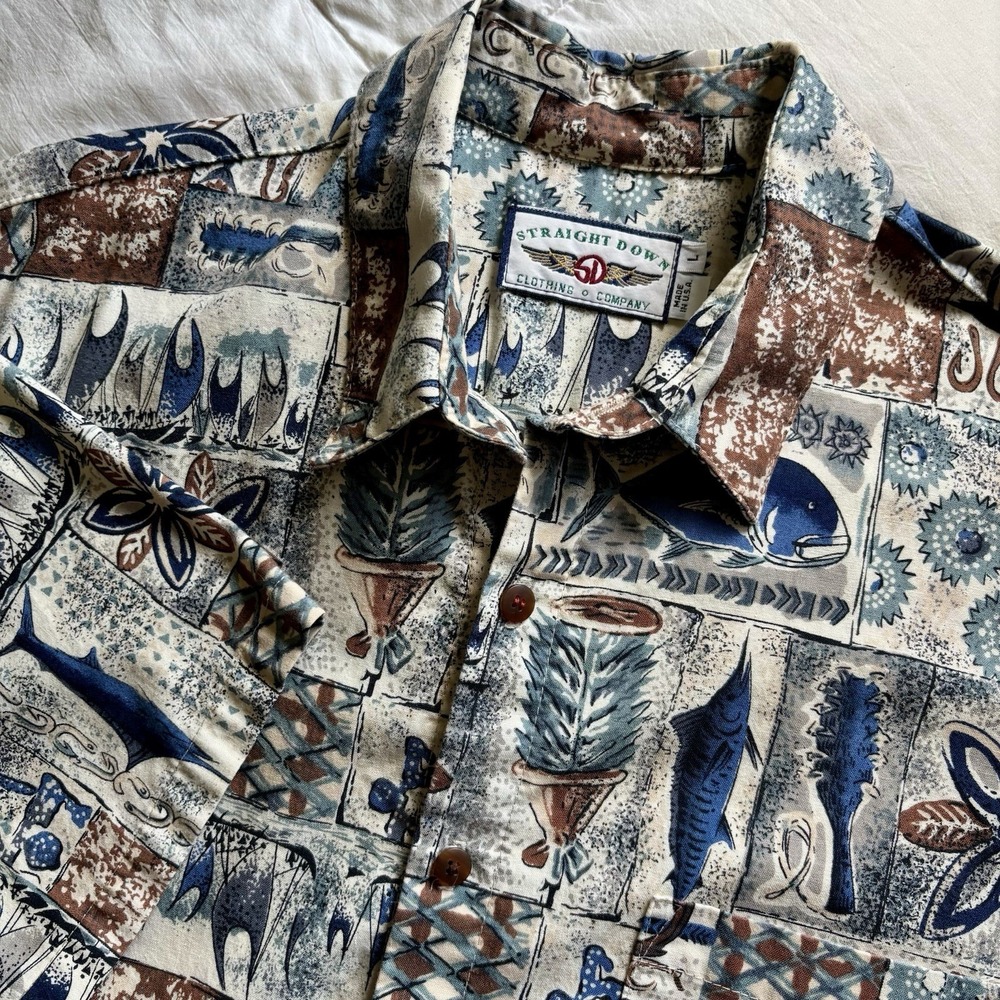 Vtg 90s Straight Down Shirt Men L Fish Fisherman Sailing Nautical Coastal Resort